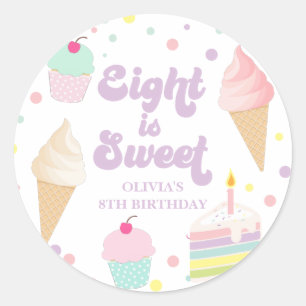 Sticker Rond Crème glacée et gâteau Huit est doux 8e anniversai