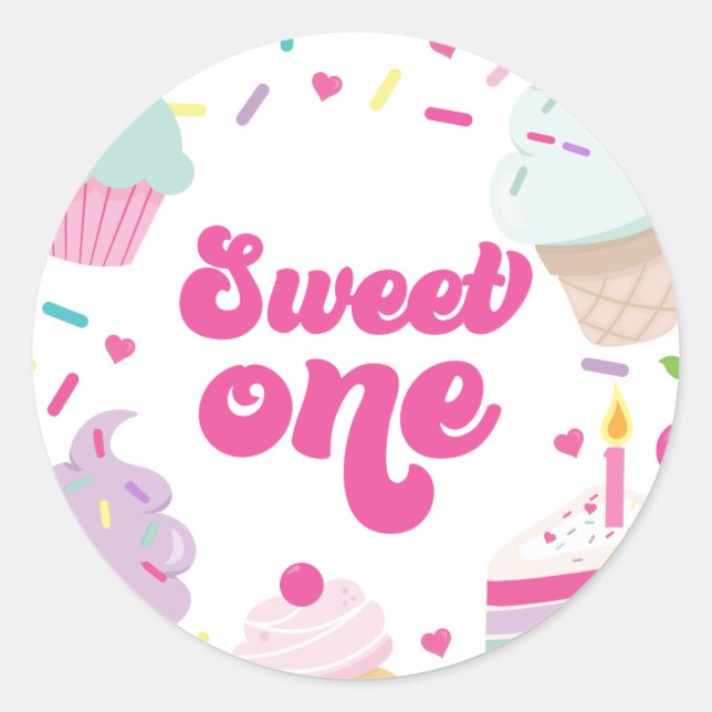 Sticker Rond Crème glacée et gâteau sucré Un 1er anniversaire (Devant)