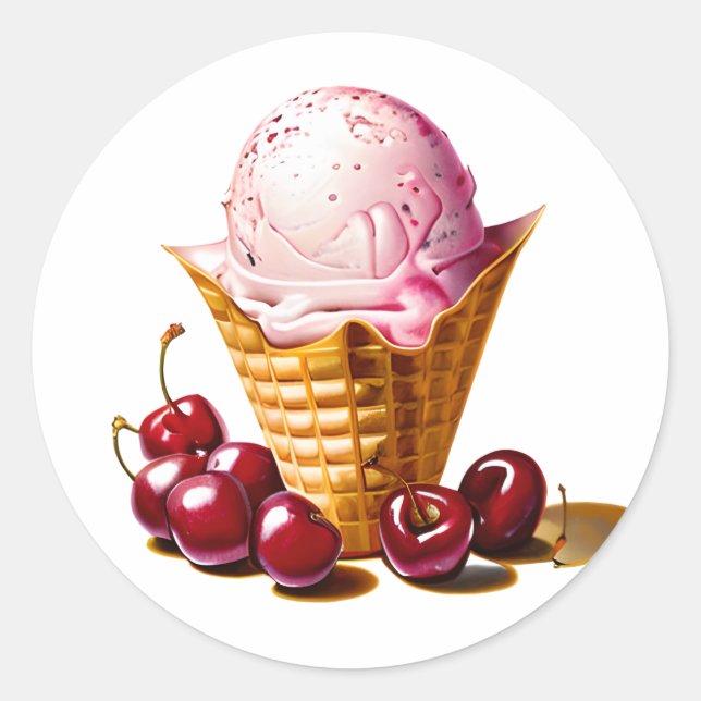 Sticker Rond Crème glacée fraise en cône avec cerises (Devant)