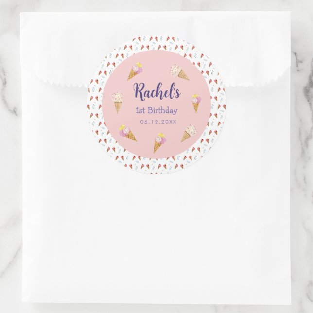 Sticker Rond Crème glacée rose mignonne Cone Girl Anniversaire (Sac)