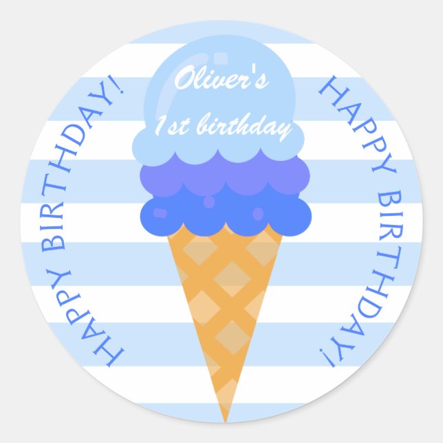 Sticker Rond Crème glacée sucrée 1er anniversaire garçon bleu (Devant)