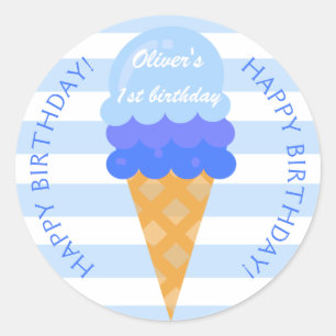 Sticker Rond Crème glacée sucrée 1er anniversaire garçon bleu