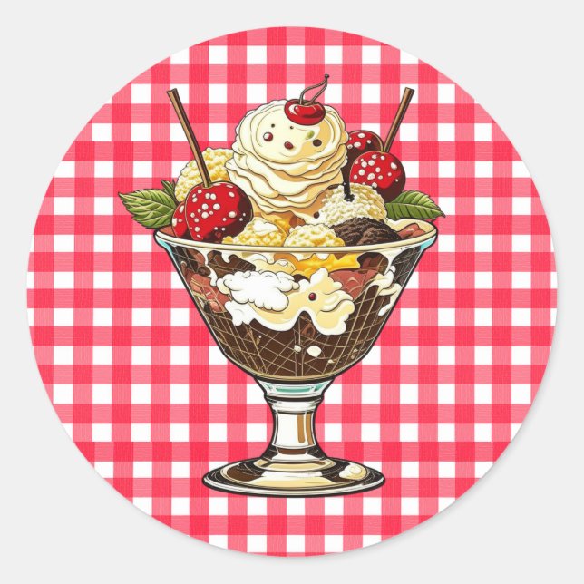 Sticker Rond Crème glacée Sundae avec cerises À damiers rouge (Devant)