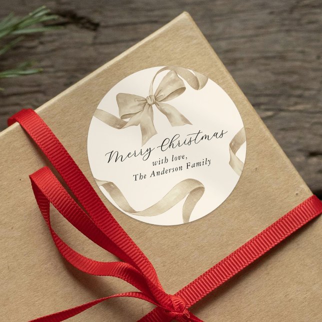 Sticker Rond Crème Gold Bow Joyeux Noël (Créateur téléchargé)