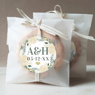 Sticker Rond Crème Or Floral Verdure Coeur Mariage Monogramme