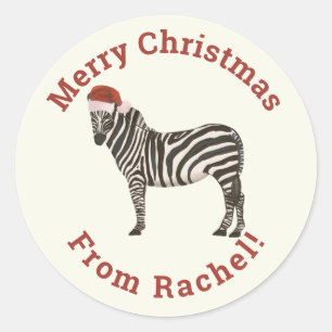 Sticker Rond Crème personnalisée Joyeux Noël Père Noël Zebra