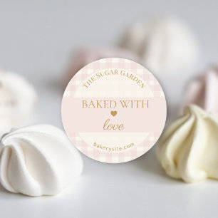 Sticker Rond Crème Rose Douce Gingham Cuite Avec Amour Boulange