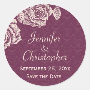 Sticker Rond Crème Rose vintage sur Magenta Enregistrer la date