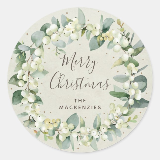 Sticker Rond Crème Snowberry+Eucalyptus Wreath Joyeux Noël (Devant)