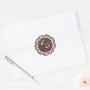 Sticker Rond Crème Vintage Chantilly Lace Marron Monogramme