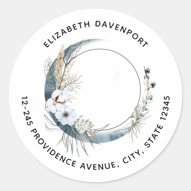 Sticker Rond Crescent Bleu Lune avec Fleurs Blanches Adresse (Devant)