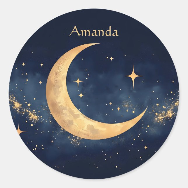 Sticker Rond Crescent Lune personnalisée et Stars Ciel nocturne (Devant)