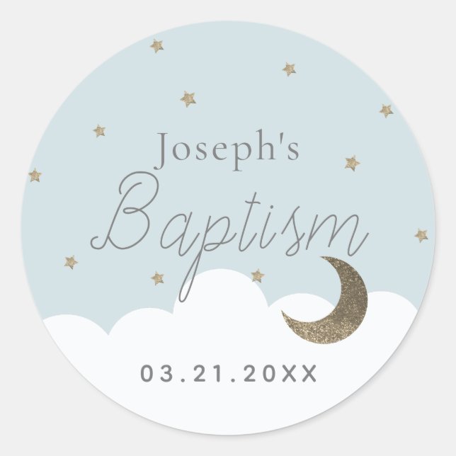 Sticker Rond Crescent Moon & Stars Light Blue Boy Baptême (Devant)