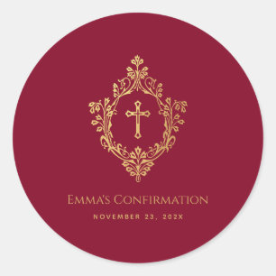 Sticker Rond Crest Girl Confirmation Bourgogne Faux Gold Vintag