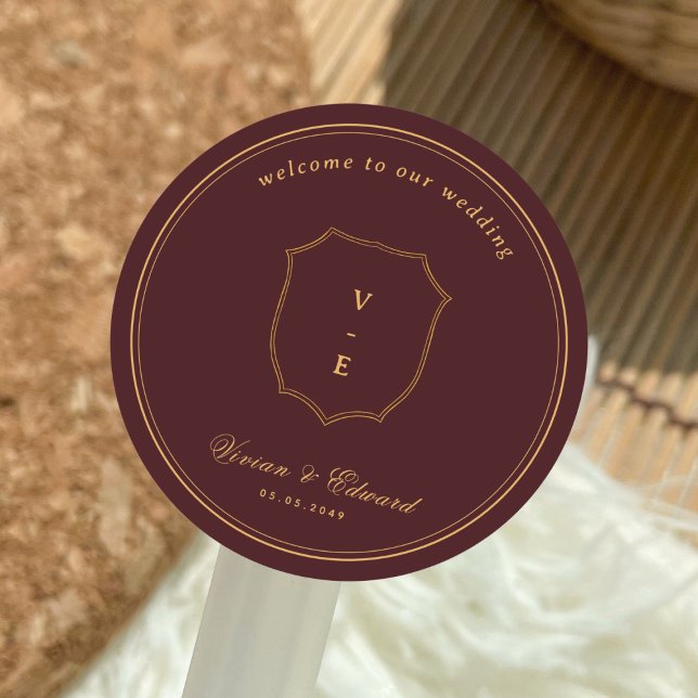 Sticker Rond Crest Monogram Burgundy & Gold Wedding Welcome (Créateur téléchargé)