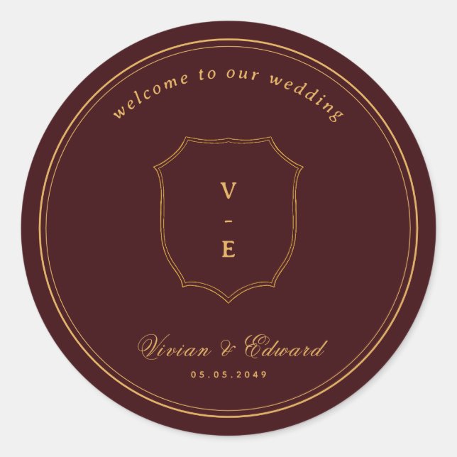 Sticker Rond Crest Monogram Burgundy & Gold Wedding Welcome (Devant)