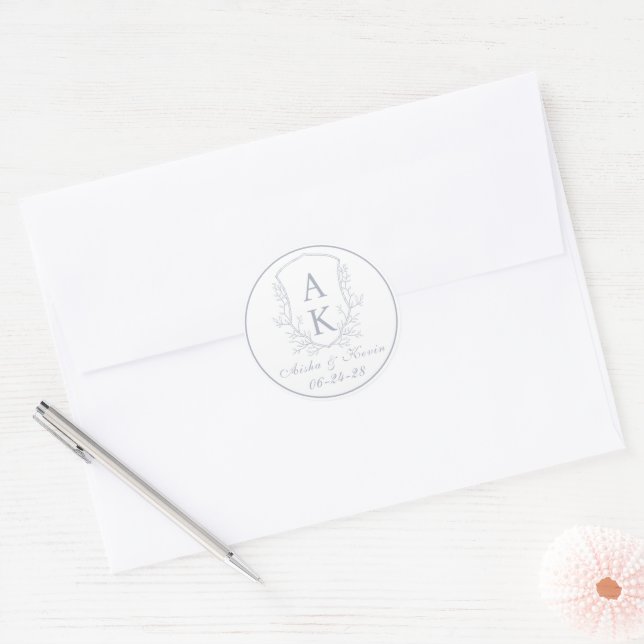 Sticker Rond Crest Monogram Dusty Mariage bleu (Enveloppe)