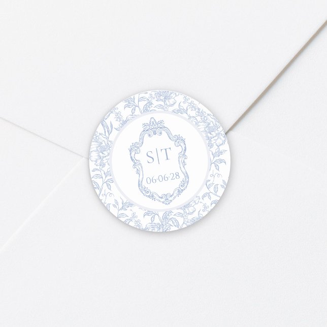 Sticker Rond Crest Monogram Fleurs Bleu Poussiéreux Mariage (Créateur téléchargé)