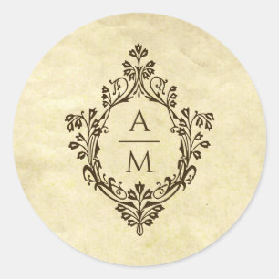 Sticker Rond Crest Monogramme Papier Vélin Mariage Victorien Vi