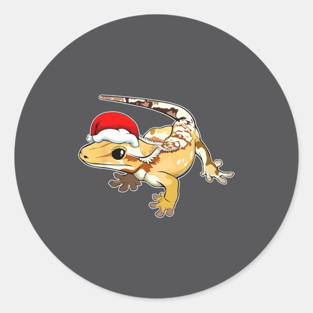 Sticker Rond Crested Gecko Santa Hat Christmas Pajama Lizard Re (Devant)