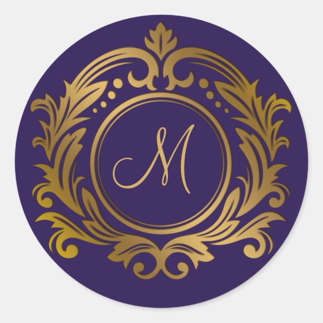 Sticker Rond Crête d'or avec Monogramme initial sur violet (Devant)