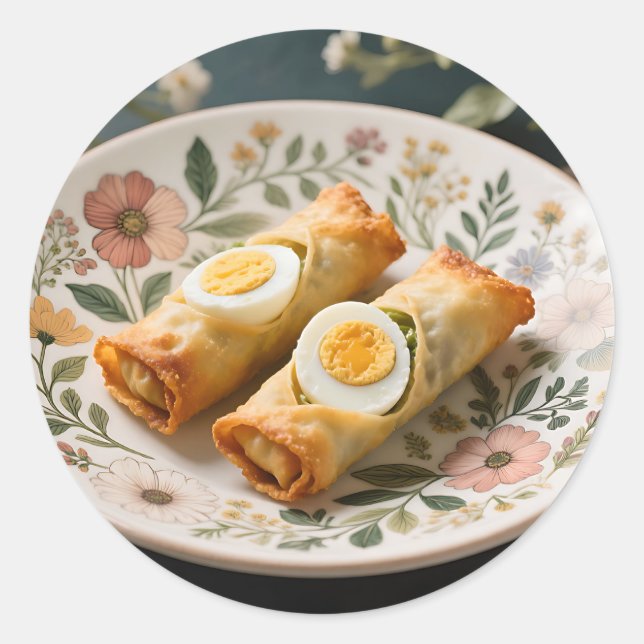 Sticker Rond Crispy Egg Rolls on Floral Plate (Devant)