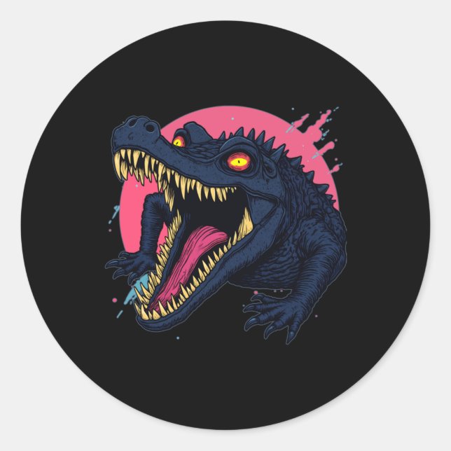 Sticker Rond Croc Affamé Alerte Yeux Hypnotiques Et Sourire Que (Devant)