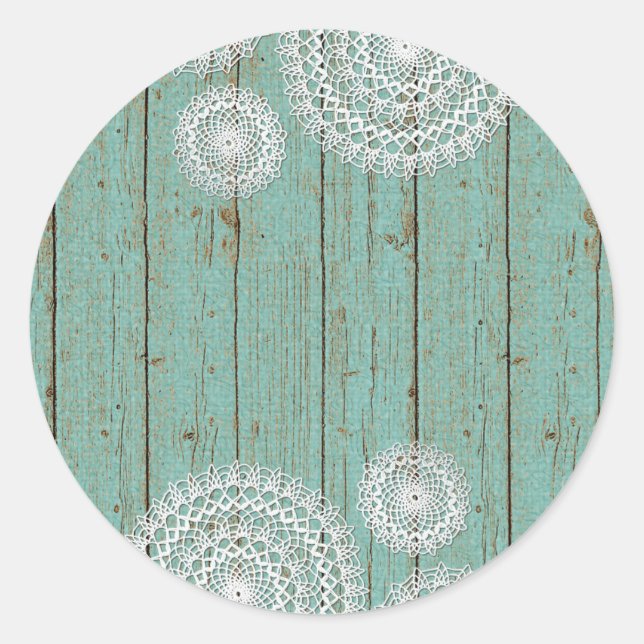Sticker Rond Crochet rustique sur Turquoise Ferme Bois (Devant)