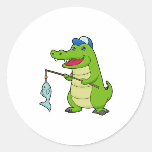 Sticker Rond Crocodile Pêche Pêcheur Pêcheur canne à pêche