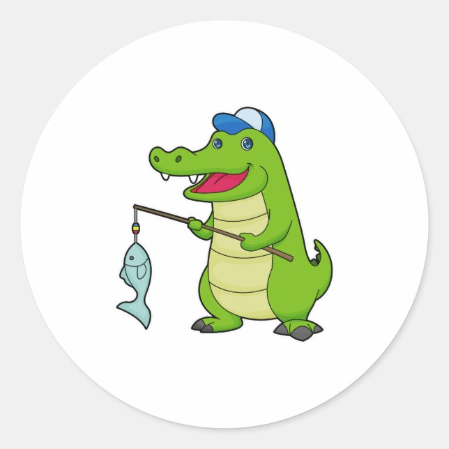 Sticker Rond Crocodile Pêche Pêcheur Pêcheur canne à pêche (Devant)