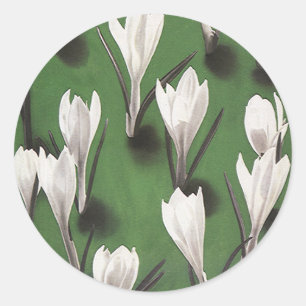Sticker Rond Crocus blanc vintage motif floral, Fleur de jardin