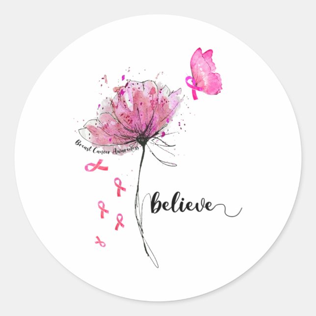 Sticker Rond Croire le papillon des fleurs rose Ribbon cancer d (Devant)
