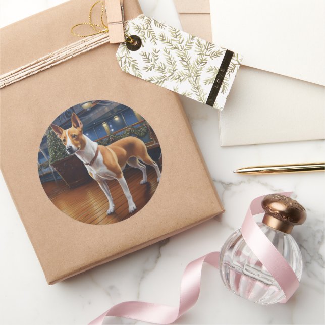 Sticker Rond Croisière de Noël de Basenji : Délice de vacances  (Cadeaux)