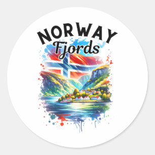 Sticker Rond Croisière Fjords Norvège Drapeau Norvégien Scandin