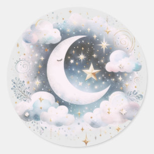 Sticker Rond Croissant de Lune Céleste Bleu et Blanc Bohème Mod