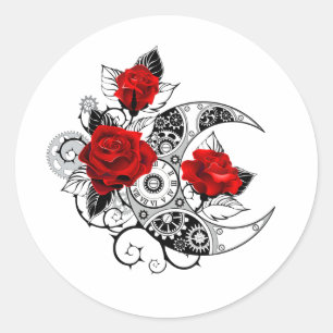 Sticker Rond Croissant mécanique avec roses rouges