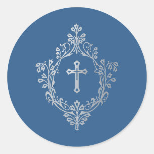 Sticker Rond Croix argentée fausse en bleu classique religieux 