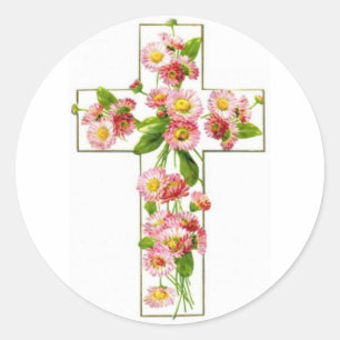Sticker Rond Croix blanche aux fleurs roses