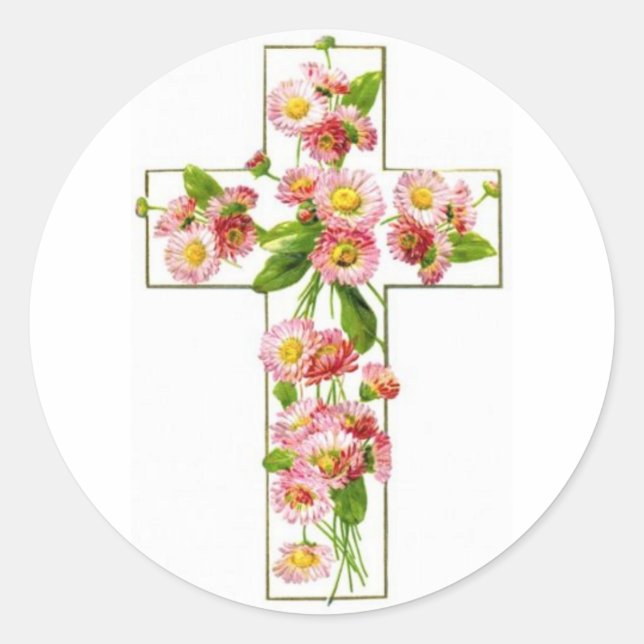 Sticker Rond Croix blanche aux fleurs roses (Devant)