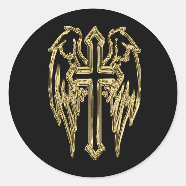 Sticker Rond Croix catholique d'or avec ailes (Devant)