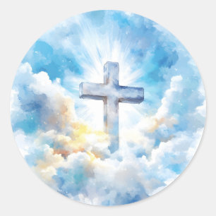 Sticker Rond Croix catholique nuancée par des nuages, symbole r