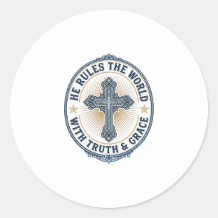 Sticker Rond Croix Chrétienne Il Règne sur le Monde