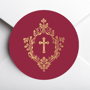 Sticker Rond Croix dans le blason rouge feuille d'or faux burgu