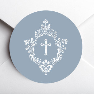 Sticker Rond Croix dans un blason Bleu Poussiéreux Blanc Élégan