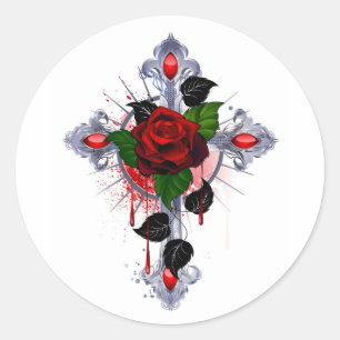 Sticker Rond Croix d'argent avec une rose rouge
