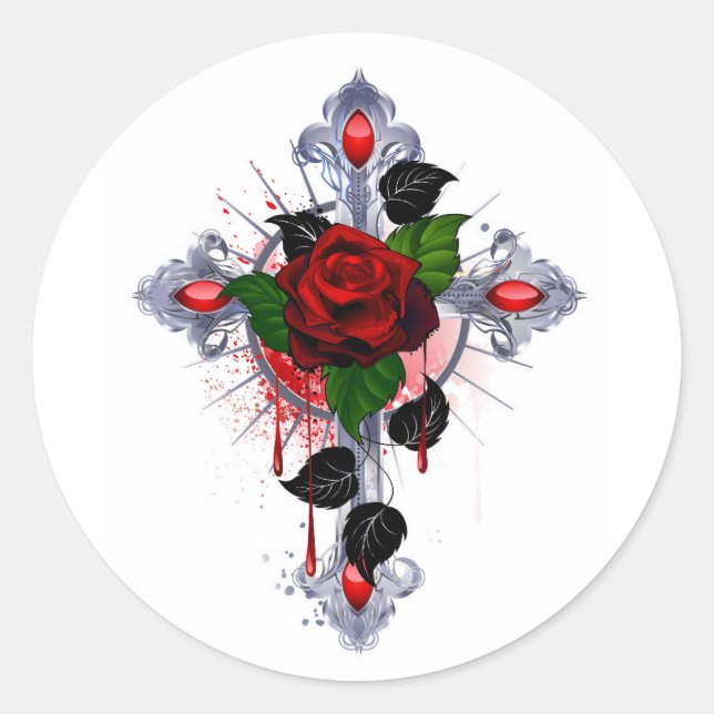 Sticker Rond Croix d'argent avec une rose rouge (Devant)