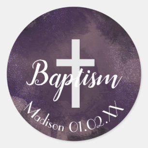 Sticker Rond Croix de baptême aquarelle violet Nom de l'enfant