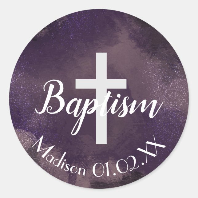 Sticker Rond Croix de baptême aquarelle violet Nom de l'enfant (Devant)