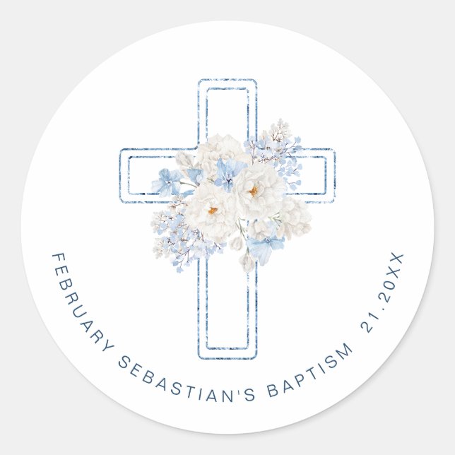 Sticker Rond Croix de baptême florale bleue (Devant)