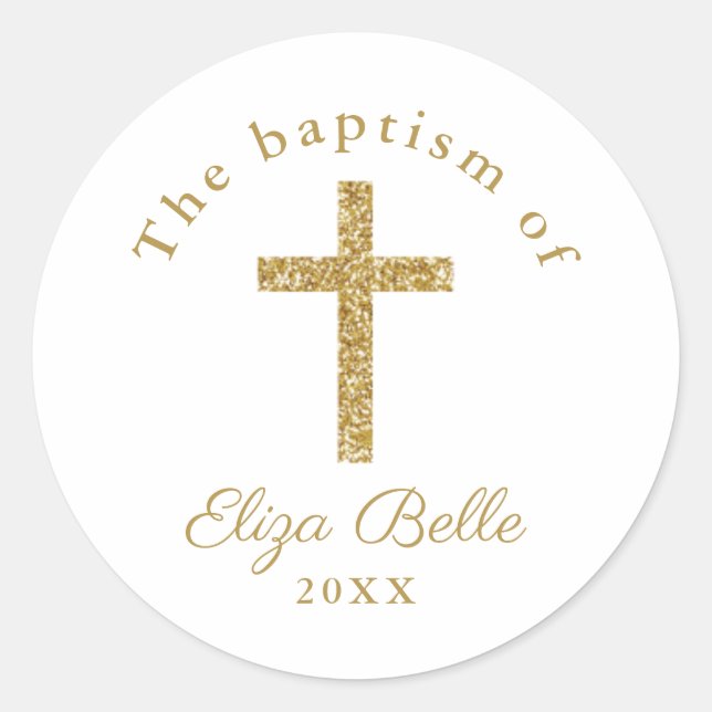 Sticker Rond Croix de baptême pailletée or classique (Devant)